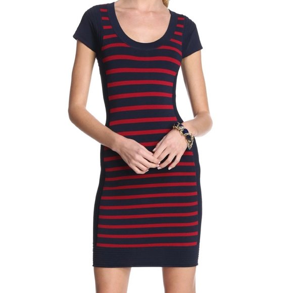 French Connection Red and Navy Striped Bodycon Dress - Picture 1 of 6